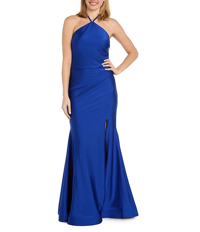 Morgan & Co. Satin Halter Neck Bar Back Front Slit Bodycon Dress | Liberty Center Morgan & Co. Satin Halter Neck Bar Back Front Slit Bodycon Dress | Liberty Center