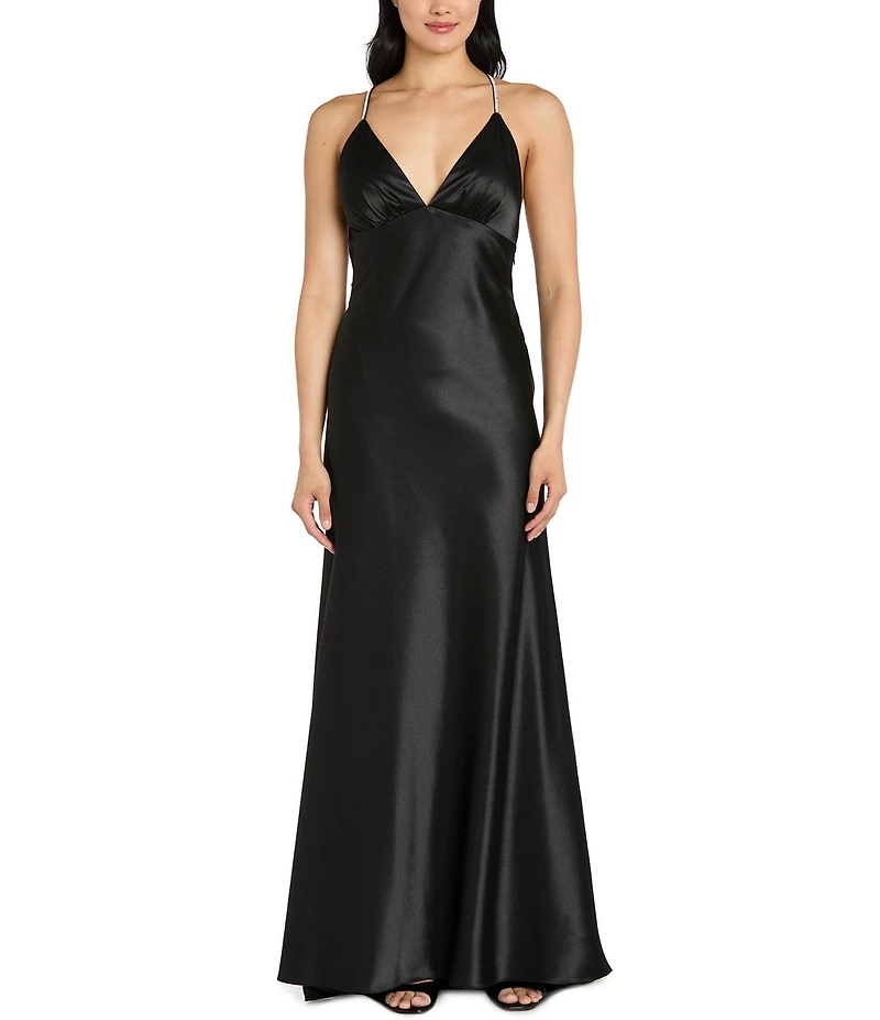 Morgan & Co. Satin Halter Plunge Neck Rhinestone Strap Cowl Back Dress