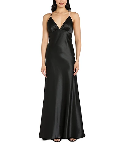 Morgan & Co. Satin Halter Plunge Neck Rhinestone Strap Cowl Back Dress