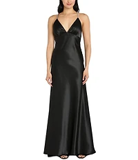 Morgan & Co. Satin Halter Plunge Neck Rhinestone Strap Cowl Back Dress