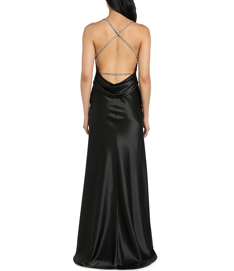 Morgan & Co. Satin Halter Plunge Neck Rhinestone Strap Cowl Back Dress