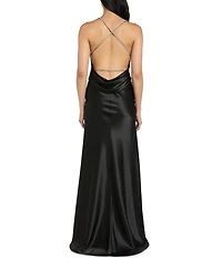 Morgan & Co. Satin Halter Plunge Neck Rhinestone Strap Cowl Back Dress