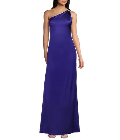 Morgan & Co. Satin One Shoulder Hardware Detail Dress