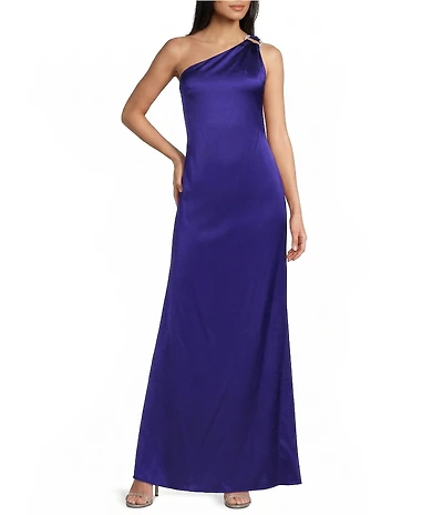 Morgan & Co. Satin One Shoulder Hardware Detail Dress