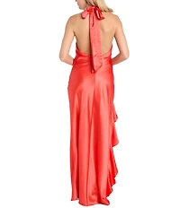 Morgan & Co. Satin Y-Neck Halter Ruffle Dress