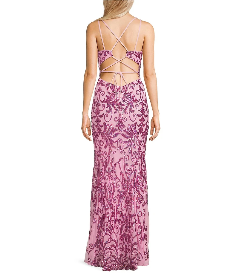 Morgan & Co. Sequin Pattern Contrast Beading V-Neck Spaghetti Strap Dress