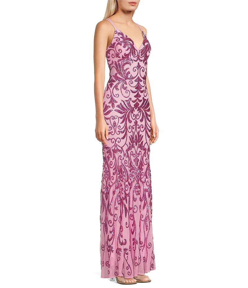 Morgan & Co. Sequin Pattern Contrast Beading V-Neck Spaghetti Strap Dress