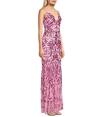 Morgan & Co. Sequin Pattern Contrast Beading V-Neck Spaghetti Strap Dress