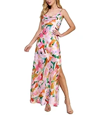 Morgan & Co. Sleeveless Cowl Neck Long Printed Satin Dress