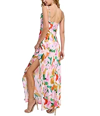 Morgan & Co. Sleeveless Cowl Neck Long Printed Satin Dress