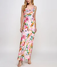 Morgan & Co. Sleeveless Cowl Neck Long Printed Satin Dress
