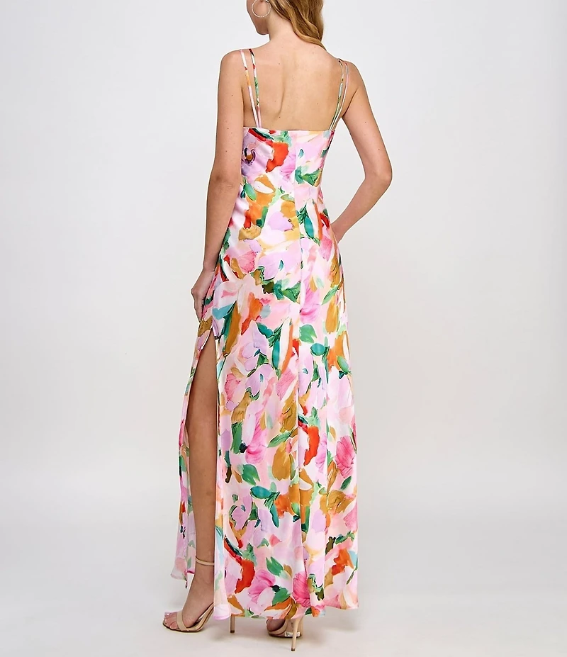 Morgan & Co. Sleeveless Cowl Neck Long Printed Satin Dress
