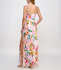 Morgan & Co. Sleeveless Cowl Neck Long Printed Satin Dress