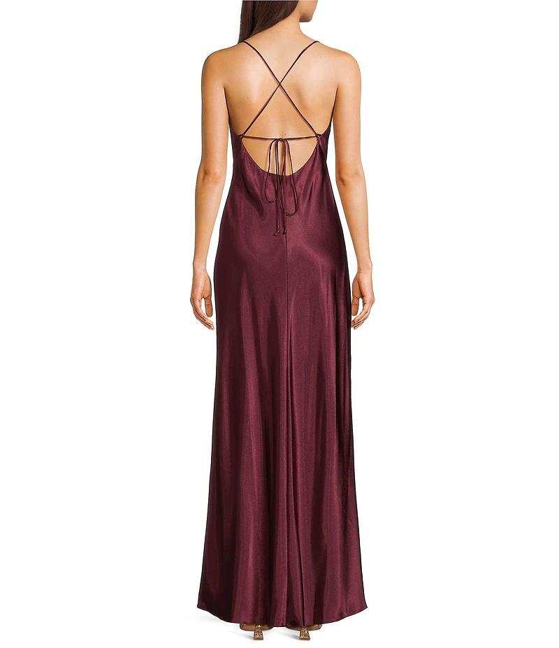 Morgan & Co. Sleeveless Long Spaghetti Strap Charmeuse Draped Front And X Back Long Dress