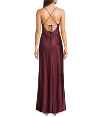 Morgan & Co. Sleeveless Long Spaghetti Strap Charmeuse Draped Front And X Back Long Dress