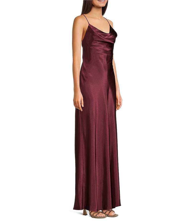 Morgan & Co. Sleeveless Long Spaghetti Strap Charmeuse Draped Front And X Back Long Dress