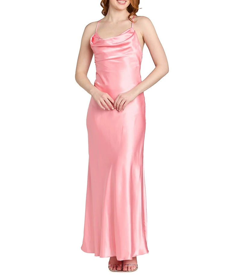 Morgan & Co. Sleeveless Long Spaghetti Strap Charmeuse Draped Front And X Back Long Dress