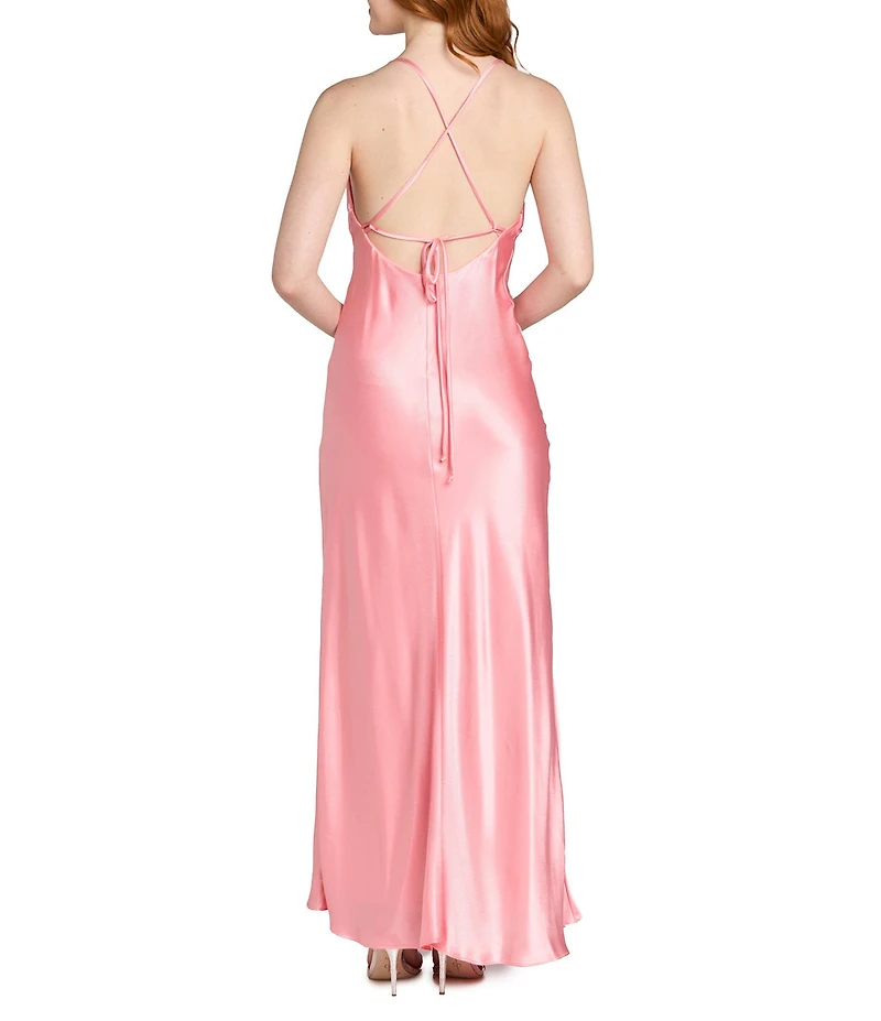 Morgan & Co. Sleeveless Long Spaghetti Strap Charmeuse Draped Front And X Back Long Dress