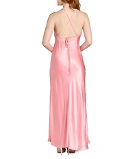 Morgan & Co. Sleeveless Long Spaghetti Strap Charmeuse Draped Front And X Back Long Dress