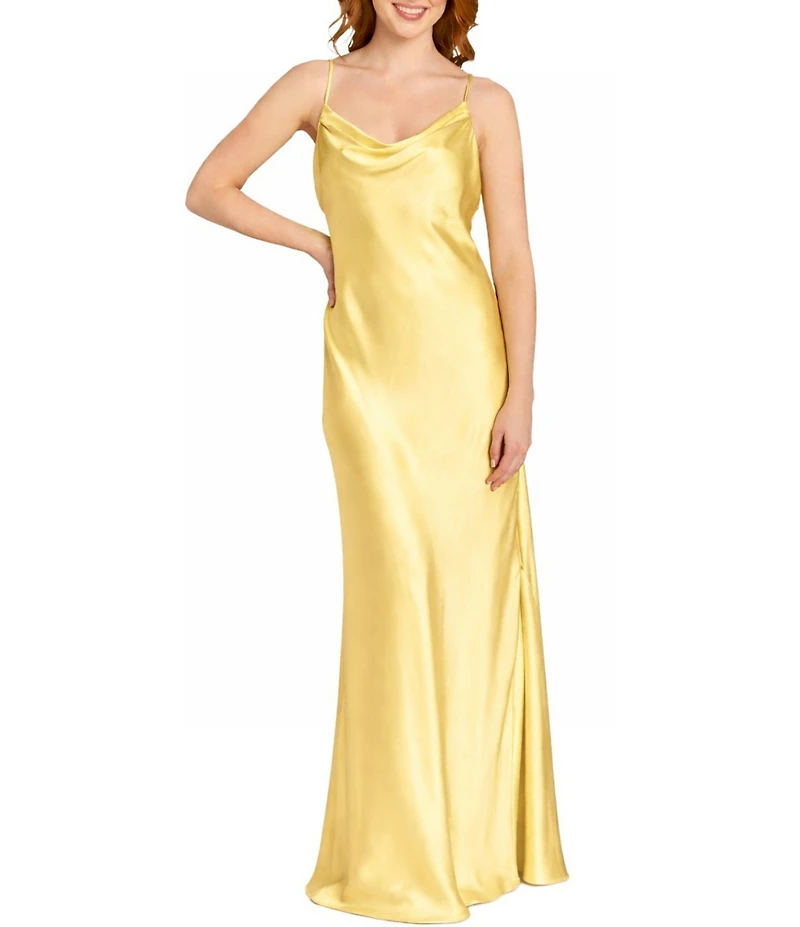 Morgan & Co. Sleeveless Long Spaghetti Strap Charmeuse Draped Front And X Back Long Dress