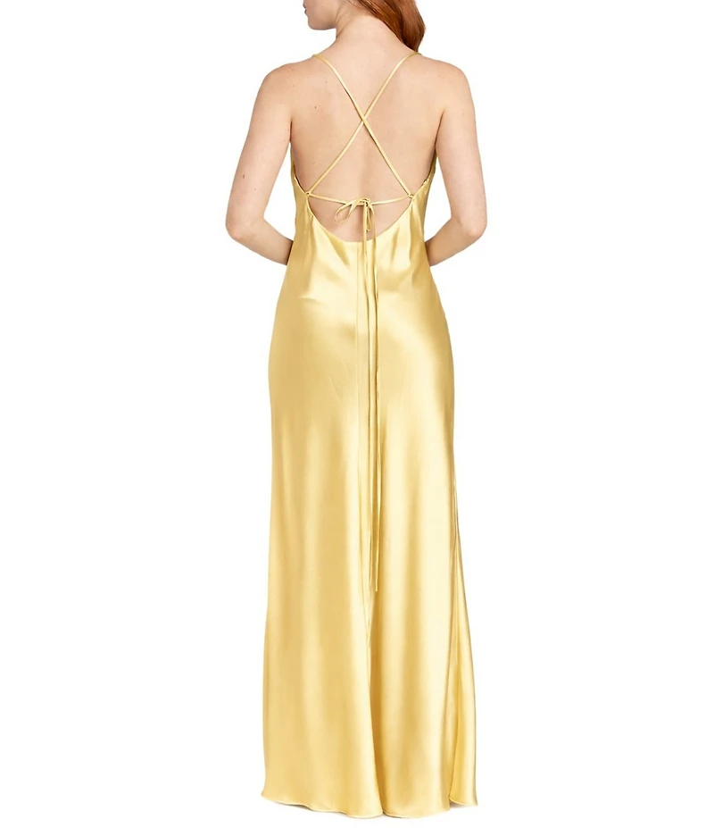 Morgan & Co. Sleeveless Long Spaghetti Strap Charmeuse Draped Front And X Back Long Dress