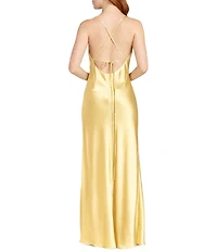 Morgan & Co. Sleeveless Long Spaghetti Strap Charmeuse Draped Front And X Back Long Dress