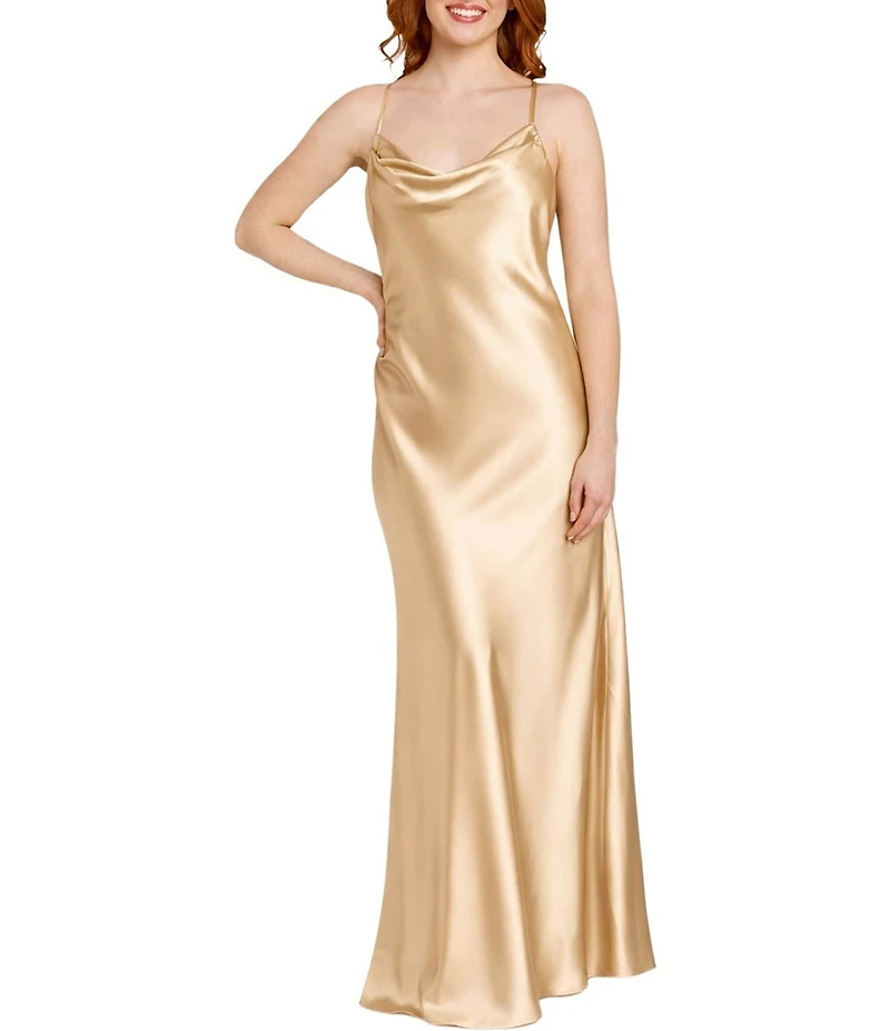 Morgan & Co. Sleeveless Long Spaghetti Strap Charmeuse Draped Front And X Back Long Dress