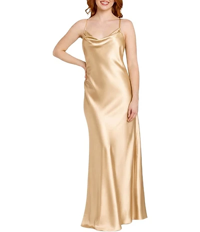 Morgan & Co. Sleeveless Long Spaghetti Strap Charmeuse Draped Front And X Back Long Dress