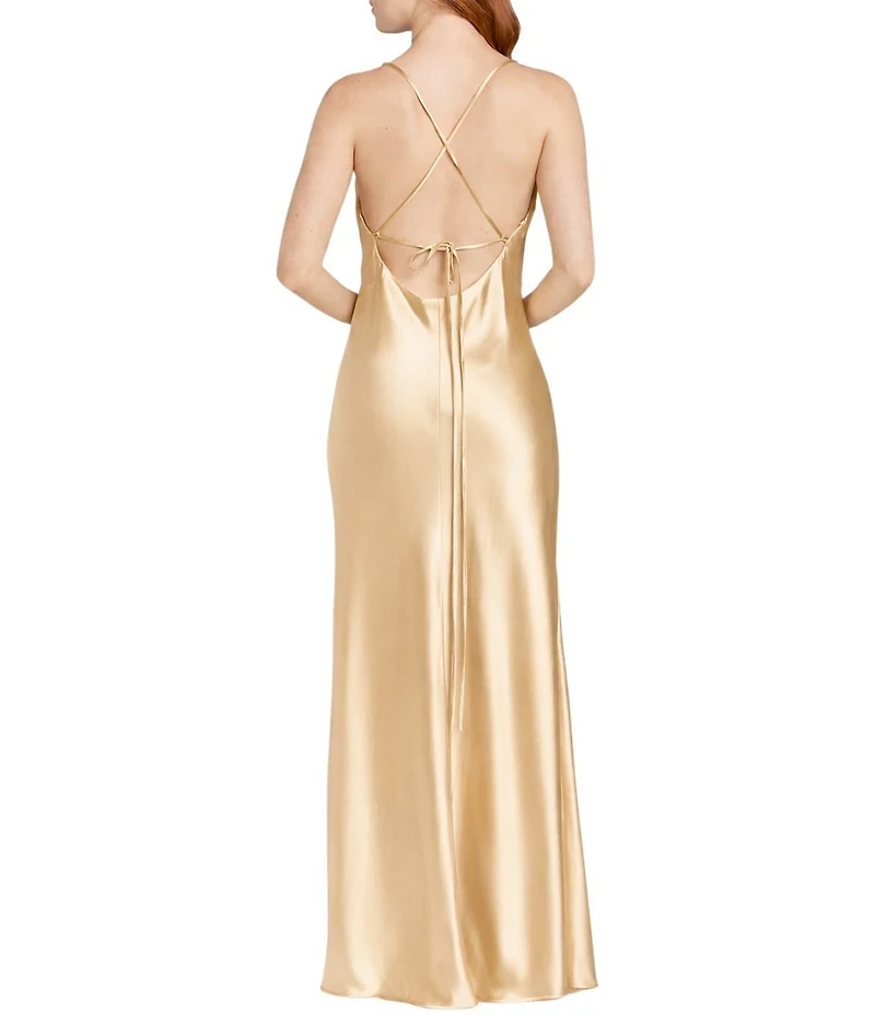 Morgan & Co. Sleeveless Long Spaghetti Strap Charmeuse Draped Front And X Back Long Dress