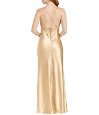 Morgan & Co. Sleeveless Long Spaghetti Strap Charmeuse Draped Front And X Back Long Dress