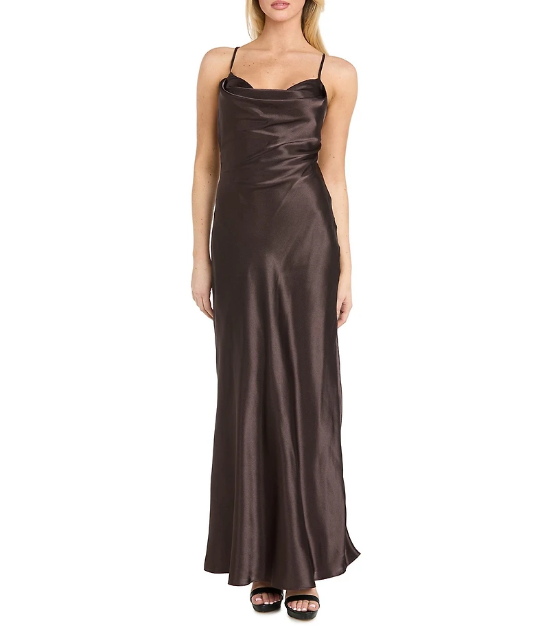 Morgan & Co. Sleeveless Long Spaghetti Strap Charmeuse Draped Front And X Back Long Dress
