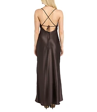 Morgan & Co. Sleeveless Long Spaghetti Strap Charmeuse Draped Front And X Back Long Dress