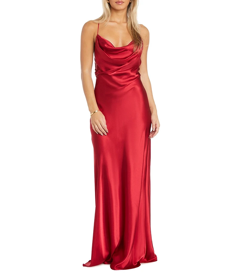 Morgan & Co. Sleeveless Long Spaghetti Strap Charmeuse Draped Front And X Back Long Dress