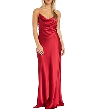 Morgan & Co. Sleeveless Long Spaghetti Strap Charmeuse Draped Front And X Back Long Dress