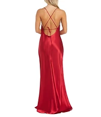 Morgan & Co. Sleeveless Long Spaghetti Strap Charmeuse Draped Front And X Back Long Dress