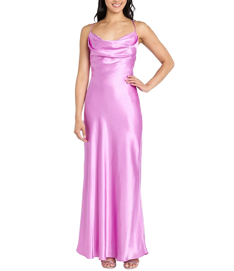 Morgan & Co. Sleeveless Long Spaghetti Strap Charmeuse Draped Front And X Back Long Dress