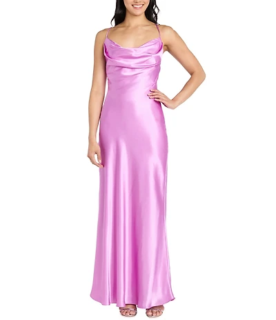 Morgan & Co. Sleeveless Long Spaghetti Strap Charmeuse Draped Front And X Back Long Dress