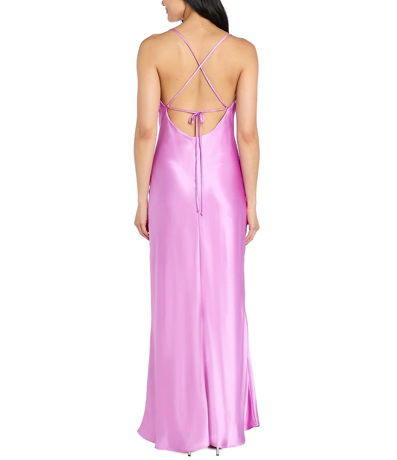 Morgan & Co. Sleeveless Long Spaghetti Strap Charmeuse Draped Front And X Back Long Dress