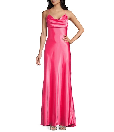 Morgan & Co. Sleeveless Long Spaghetti Strap Charmeuse Draped Front And X Back Long Dress