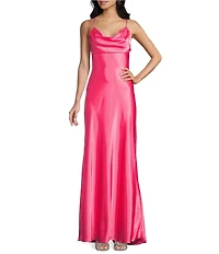 Morgan & Co. Sleeveless Long Spaghetti Strap Charmeuse Draped Front And X Back Long Dress