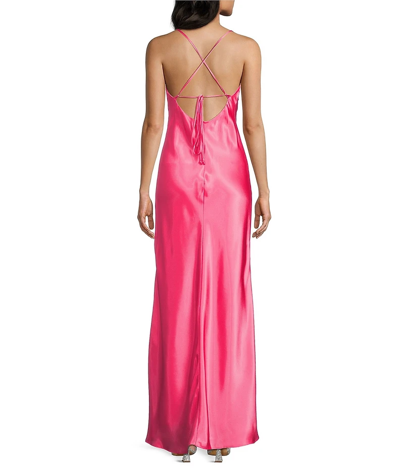 Morgan & Co. Sleeveless Long Spaghetti Strap Charmeuse Draped Front And X Back Long Dress
