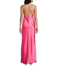 Morgan & Co. Sleeveless Long Spaghetti Strap Charmeuse Draped Front And X Back Long Dress