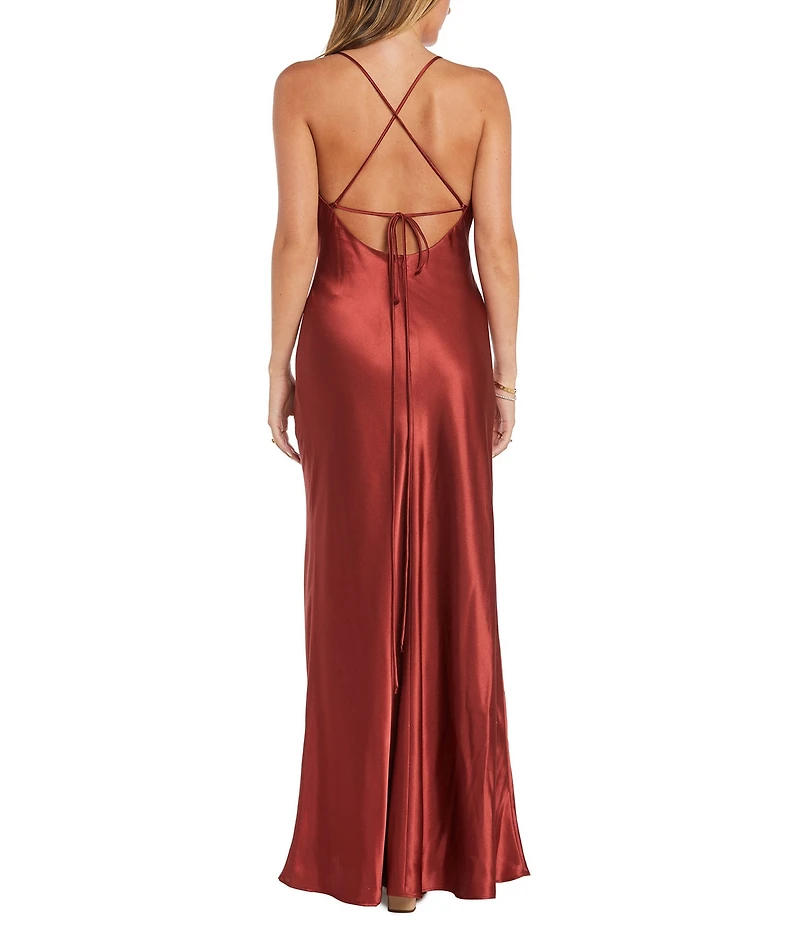 Morgan & Co. Sleeveless Long Spaghetti Strap Charmeuse Draped Front And X Back Long Dress