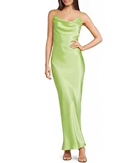 Morgan & Co. Sleeveless Long Spaghetti Strap Charmeuse Draped Front And X Back Long Dress