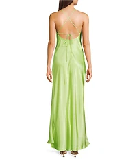 Morgan & Co. Sleeveless Long Spaghetti Strap Charmeuse Draped Front And X Back Long Dress