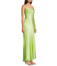Morgan & Co. Sleeveless Long Spaghetti Strap Charmeuse Draped Front And X Back Long Dress