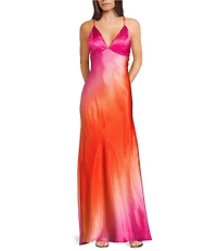 Morgan & Co. Sleeveless Satin Ombre V-Neck Tie Back Long Dress