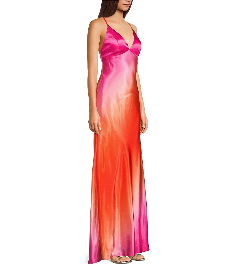 Morgan & Co. Sleeveless Satin Ombre V-Neck Tie Back Long Dress