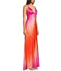 Morgan & Co. Sleeveless Satin Ombre V-Neck Tie Back Long Dress