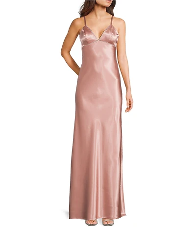Morgan & Co. Sleeveless Spaghetti Strap Satin Rhinestone Trim Dress